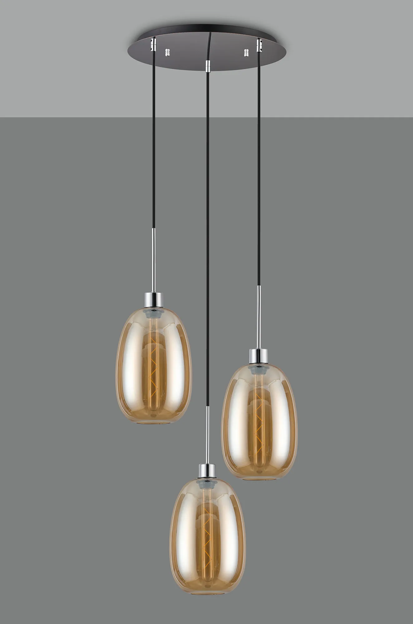 Lori 40cm Round Pendant, 3 Light Adjustable E27, Polished Chrome/Amber Slim Curved Trapezium Shades DK1267  Deco Lori Polished Chrome